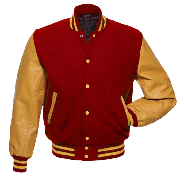 SCARLET RED BODY WITH TAN COWHILE LEATHER SLEEVES | varsity jackets made in pakistan
