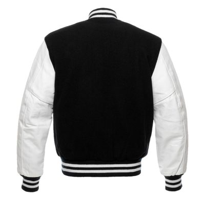 BLACK MELTON WOOL WITH WHITE LEATHER SLEEVES | Varsity jackets made in pakistan